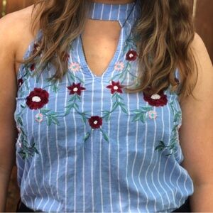 Blue and white floral embroidered tank top